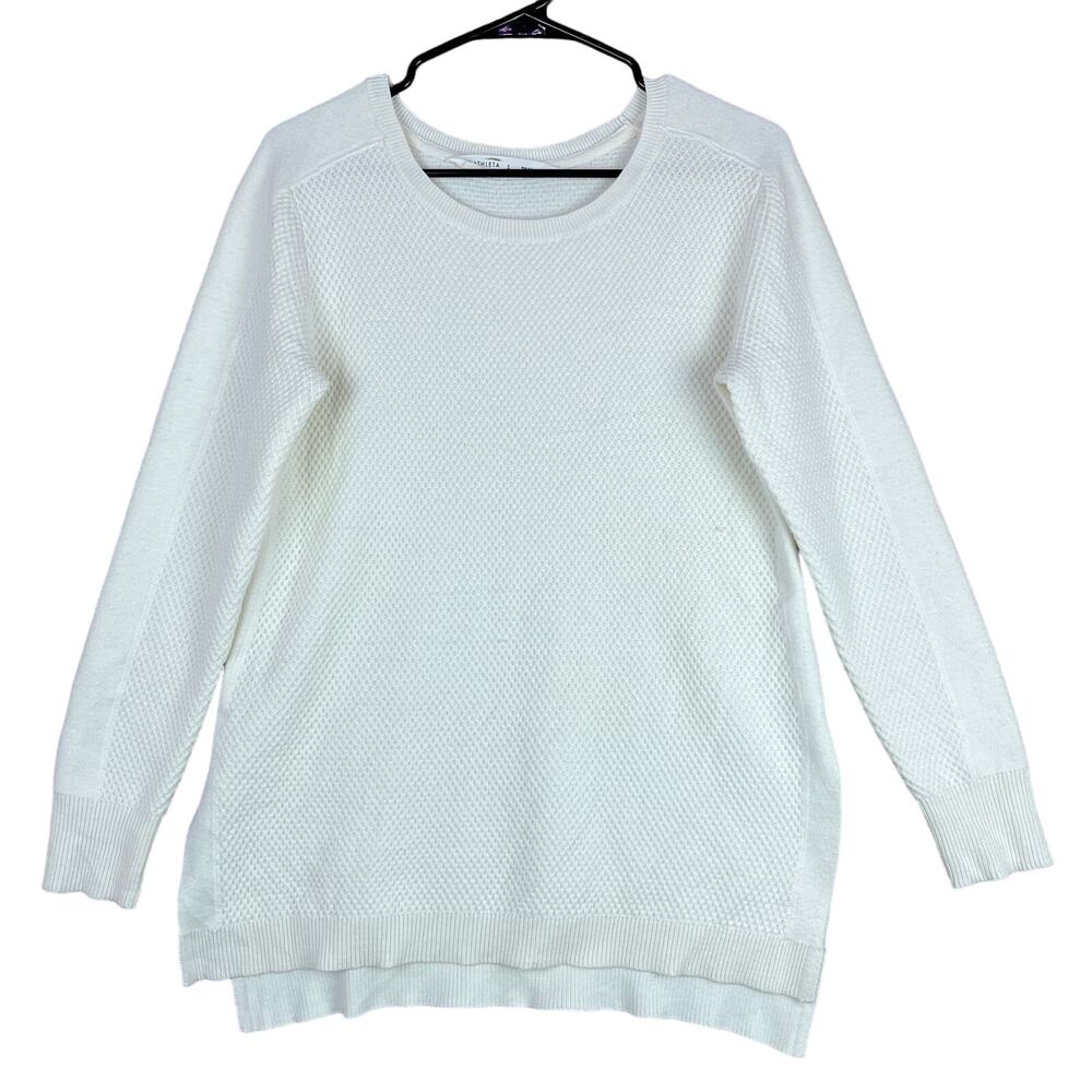 Athleta Womens Tunic Sweater Cream Honeycomb Waffle Knit Crew Neck Side Slit S